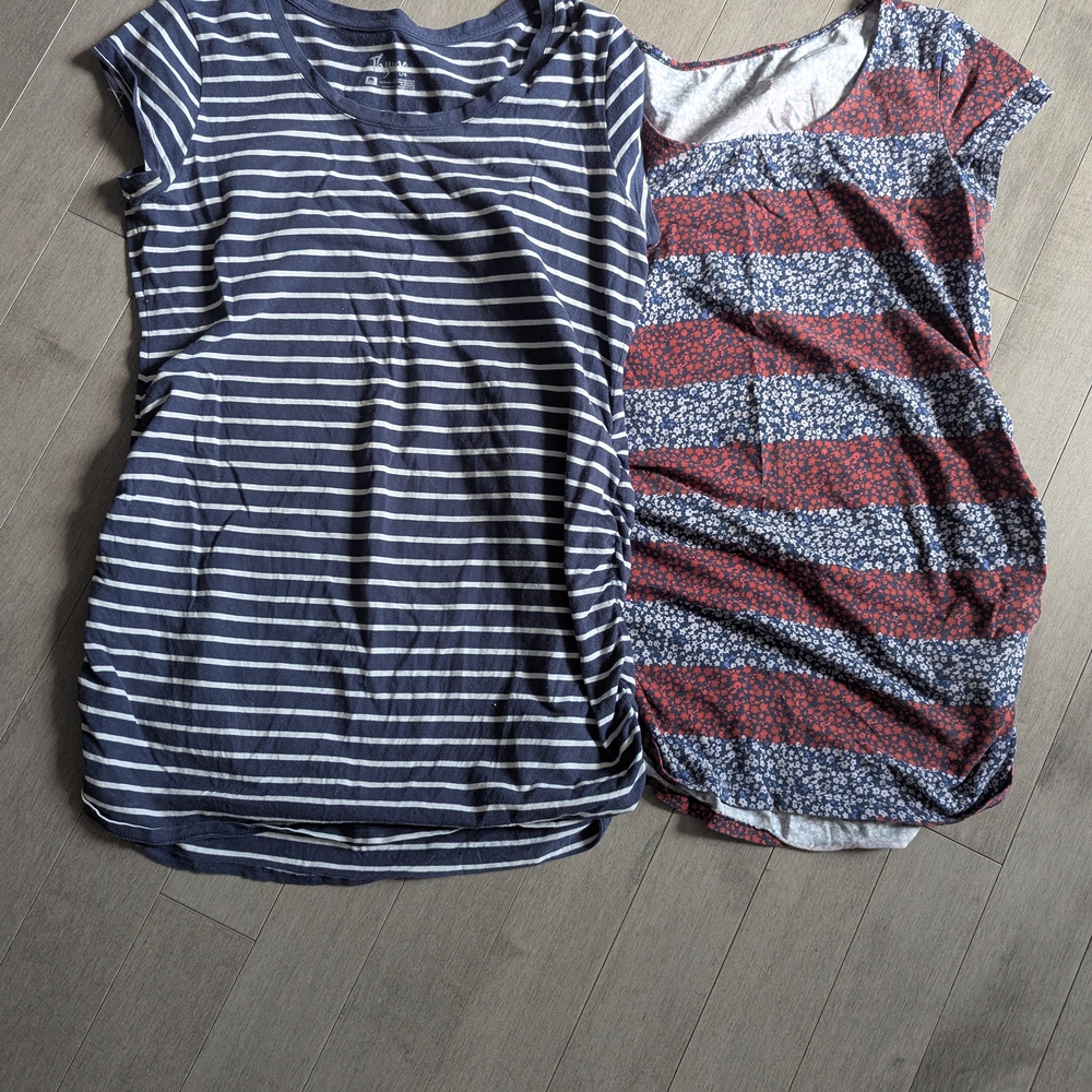 Thyme Maternity Striped Short Sleeve Tees - Blue and Red Size Large
